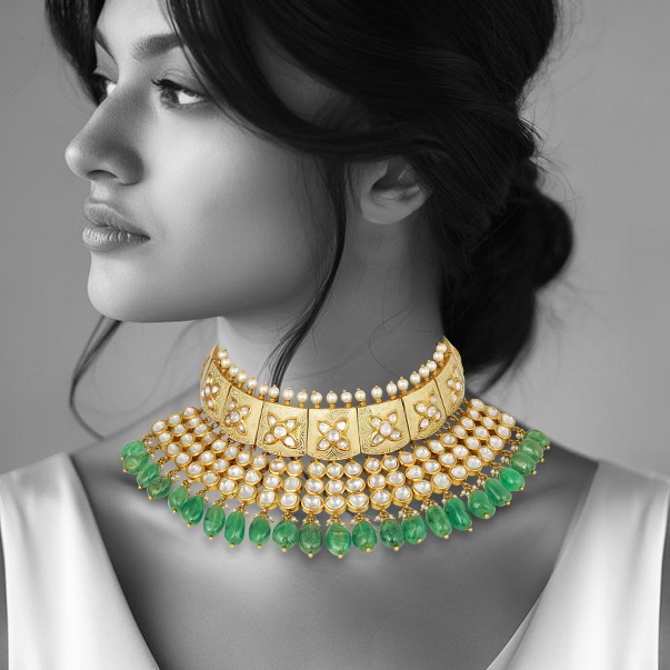 Ivory Enamel Polki Necklace with Pearls and Emerald Drop